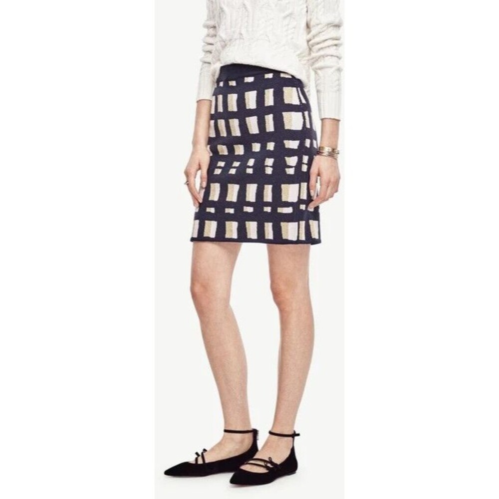 Ann Taylor Lattice Print Sweater Knit Pencil Skirt Navy Gold Merino Wool Blend S